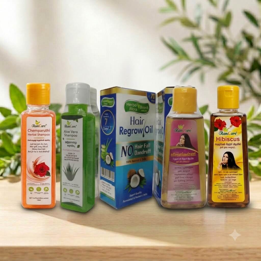 Complete Herbal Hair Care Kit featuring Chemparuthi Herbal Hair Oil, Karisalankanni Hair Oil, Aloe Vera Shampoo, Chemparuthi Herbal Shampoo and H Hair Regrow Oil.