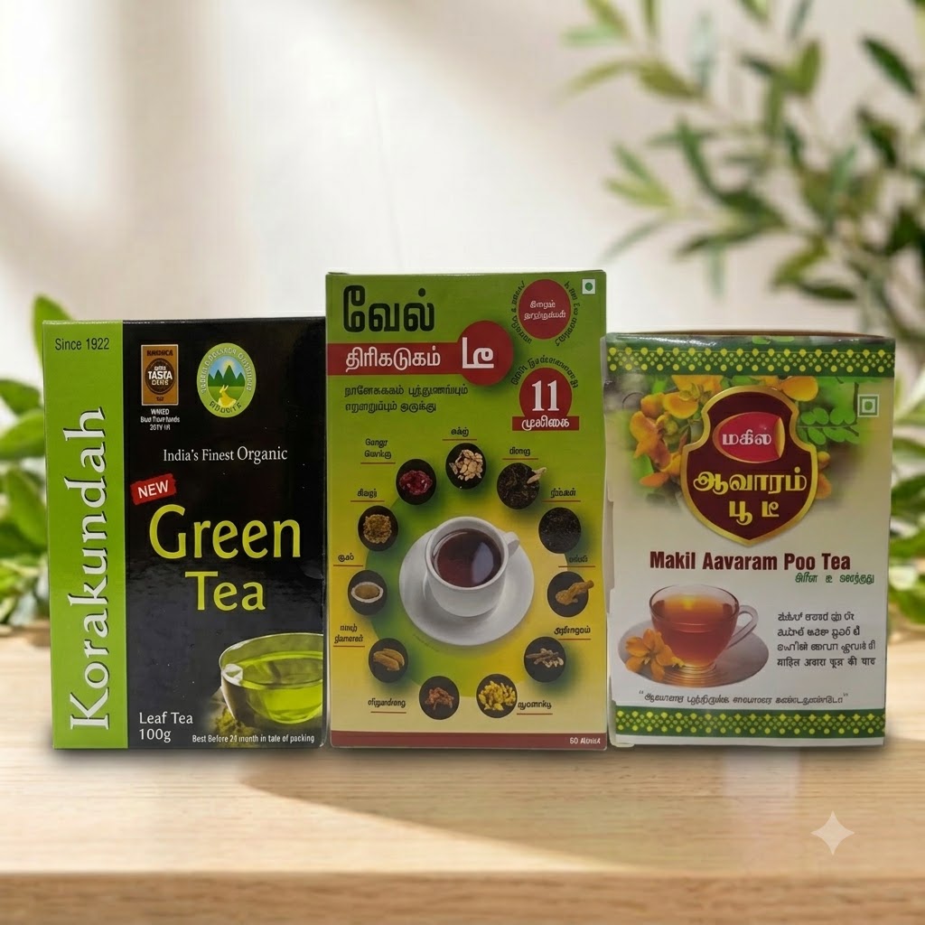 Daily Herbal Tea Wellness Kit featuring Green Tea, Makil Aavaram Tea and Vel Thirikadugam Tea for everyday herbal wellness.