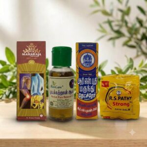 Natural Joint Pain Relief Kit with PCR Maharaja Tailam, RS Pain Relief Oil, RS Pain Balm and Mutakkatran Oil for traditional herbal body care.