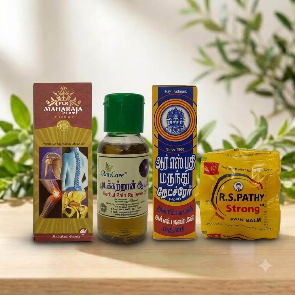 Natural Joint Pain Relief Kit with PCR Maharaja Tailam, RS Pain Relief Oil, RS Pain Balm and Mutakkatran Oil for traditional herbal body care.