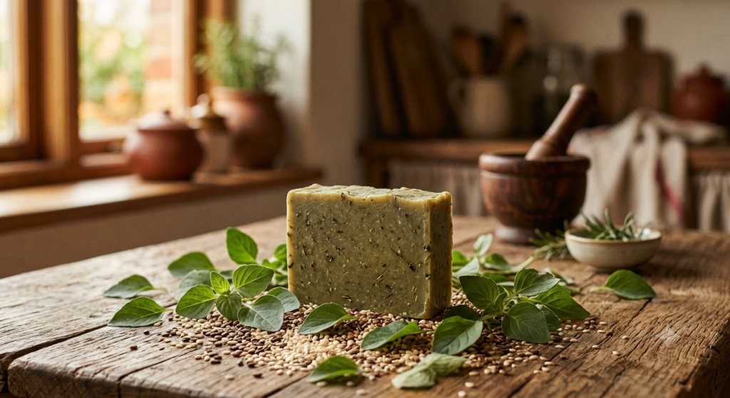 Kuppaimeni herbal bath soap with fresh kuppaimeni leaves on wooden surface