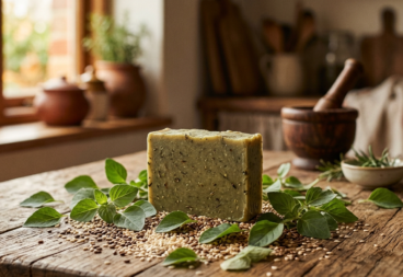 Kuppaimeni herbal bath soap with fresh kuppaimeni leaves on wooden surface