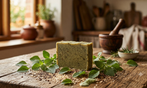 Kuppaimeni herbal bath soap with fresh kuppaimeni leaves on wooden surface