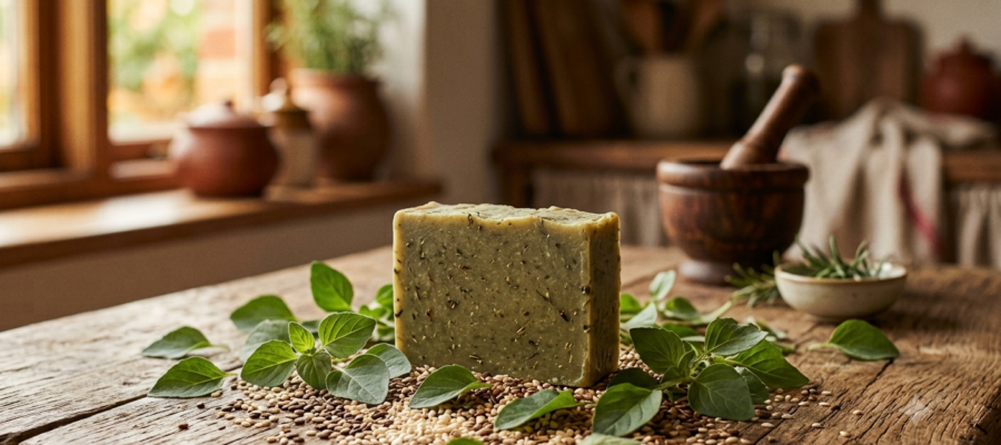 Kuppaimeni herbal bath soap with fresh kuppaimeni leaves on wooden surface